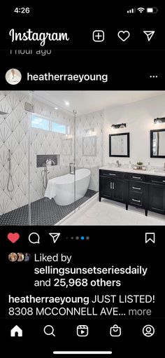 an instagramted photo of a bathroom with black and white tiles on the walls