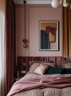 a bed with pink sheets and pillows in a bedroom next to a painting on the wall