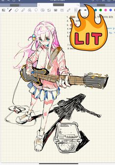 a drawing of a girl with a guitar in front of her and the word lit above it