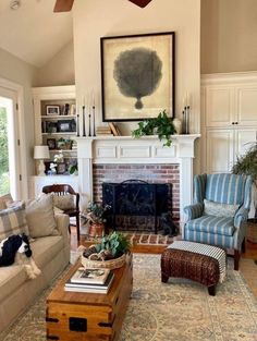 a living room filled with furniture and a fire place under a painting on the wall