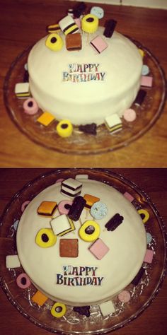 two pictures of a birthday cake with the words happy birthday written on it and different types of candies