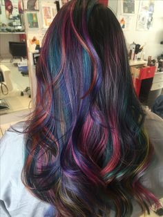 Fun Hair Color Ideas For Brunettes Straight Hair, Auburn Oil Slick Hair, Oil Slick Underneath Hair, Different Color Hair Highlights, Brown Hair With Multicolor Highlights, Magenta And Dark Brown Hair, Strands Of Color In Hair, Multi Colored Highlights On Dark Hair, Black With Vivid Colors Hair