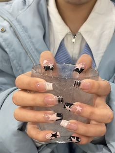 Grunge Y2k Nails White, Different Nail Designs On Each Hand, 2000 Inspired Nails, Nail Designs With Dots, Twice Nails Kpop, Poses To Show Off Nails, Txt Inspired Nails, Frank Ocean Nails, Fun Acrylic Nails