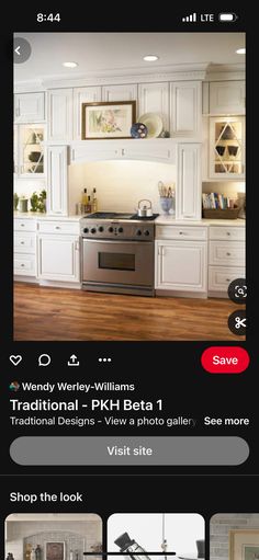 the app is showing pictures of kitchen cabinets and appliances, including an oven, refrigerator, stove