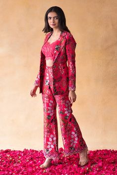 Buy Pink Dupion Silk Print Floral Sweetheart Neck Blazer And Pant Set For Women by Shachi Sood Online at Aza Fashions.