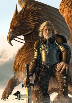 a man in armor standing next to an eagle