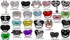 many different types of baby headbands with panda ears and skulls on them, all in various colors