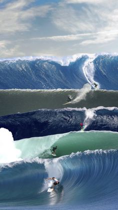 three surfers are riding large waves in the blue ocean, while one is on his surfboard