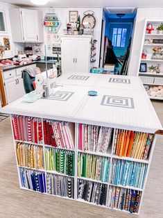 a kitchen island with lots of different colored papers on it