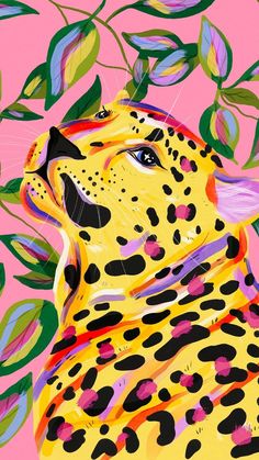 a painting of a cheetah with leaves on it's back and pink background