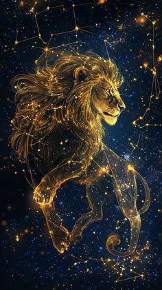 the leo zodiac sign is depicted in gold on a dark blue background with stars and lines