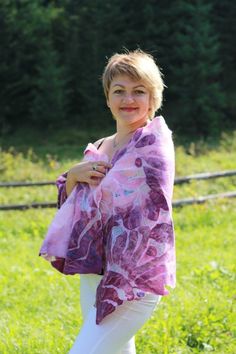 Women elegant pink merino wool floral shawl made by hand felting technique.The felted wrap scarf decorated with viscose, viscose fibers.    Such large summer scarves will be a great boho gift for your mom. Bridal evening shawl gives a charm and extravagance for your outlook.    Our festival silk shawl gorgeously suits to the party dress, or to the coat.    Felted shawl "Berry fantasy". Made in the technique of felt mosaic.     A very laborious process of creating such products, but the result is Evening Shawls, Floral Shawl, We Are Festival, Felted Scarves, Large Scarf, Silk Shawl, Wrap Scarf