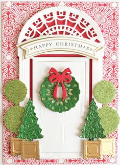 a christmas card with a green wreath and red bow on the front door, surrounded by holiday decorations