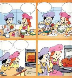 the comic strip shows children cooking and talking to each other