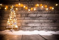 a small christmas tree is lit up in front of a wooden wall with lights on it