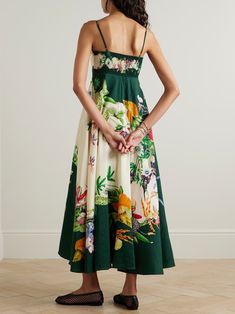 ALÉMAIS Aggie floral-print linen-blend midi dress | NET-A-PORTER Green Tropical Print Midi Dress For Garden Party, Tropical Green Midi Dress With Floral Print, Floral Print Linen Dresses For Brunch, Vacation Linen Dresses With Floral Print, Green Tropical Print Midi Dress, Beach Linen Dress With Floral Print, Brunch Floral Print Linen Midi Dress, Green Tropical Cotton Dress, Green Floral Print Linen Dress