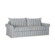 a blue and white striped couch on a white background