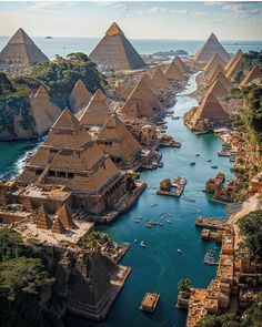 an aerial view of the giza pyramids in egypt, with boats on the water