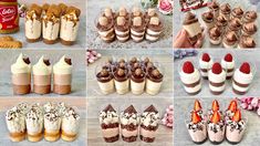 there are many different desserts and pastries in this collage, including strawberries