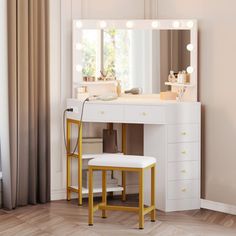 a white vanity with lights on it and a stool in front of the mirror that is open