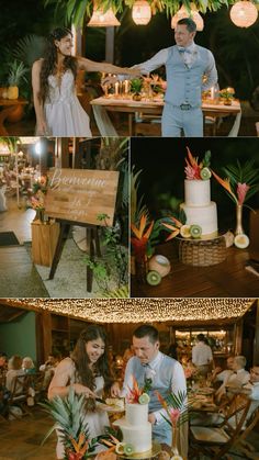 a couple cutting their wedding cake in front of the camera and surrounded by greenery