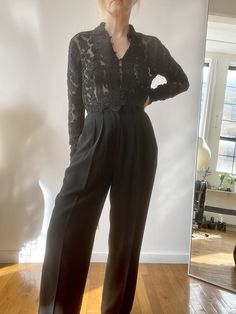 1990s DKNY Donna Karan lightweight fine wool trousers. Front pockets and high rise fit, with pleated front and tapered legs.  Fit like a size 2/4  Measurements waist: 13" hips: 20.5" rise: 12.5" inseam: 31" leg opening at hem: 7.5" In excellent vintage condition, no signs of wear Fall Evening High-waisted Pantsuit, Black Pleated Trousers, Womens Trousers, Pleated Trousers, Womens Pants, Wool Trousers, Donna Karan, Tapered Legs, Trousers Women