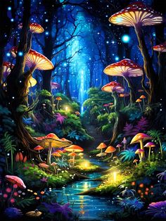 an image of a forest with mushrooms and lights in the night time, painting by numbers