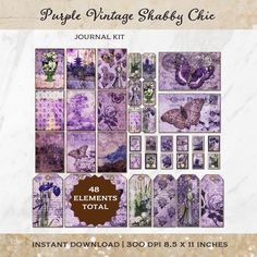 the purple vintage shabby chic journal kit includes an assortment of cards and tags