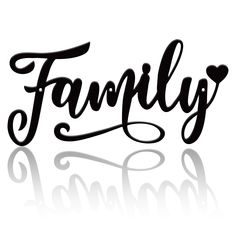 the word family written in cursive black ink on a white background with reflections