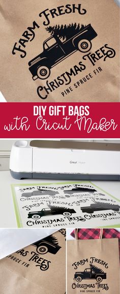 some paper bags with christmas trees on them and the words, diy gift bags with crict maker