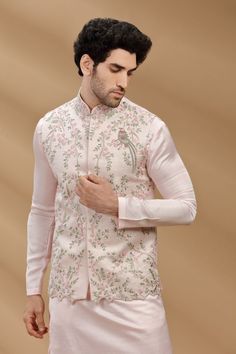 Buy Baby Pink Color Art Slik Fabric Mens Kurta Set With Waistcoat, Nehru Jacket, Modi Jacket, Designer Half Jodhpuri Jacket With Kurta Pajama Online in India - Etsy Designer Nehru Jacket With Dori Work For Navratri, Navratri Designer Nehru Jacket With Dori Work, Festive Pink Nehru Jacket Straight Kurta, Pink Nehru Jacket Straight Kurta For Diwali, Unstitched Pink Nehru Jacket With Zari Work, Pink Unstitched Nehru Jacket With Zari Work, Nehru Jacket With Resham Embroidery For Diwali, Nehru Jacket With Dori Work For Navratri, Pink Nehru Jacket For Diwali