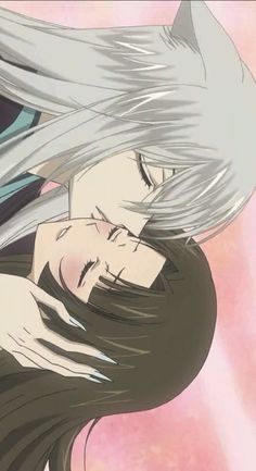 an anime character with white hair and black eyes hugging another character's head in front of a pink background