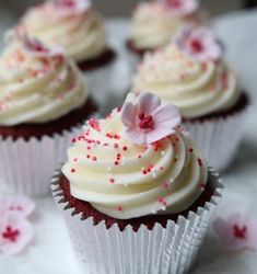 cupcakes with white frosting and pink sprinkles