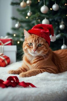 an orange tabby cat wearing a red santa claus hat next to a christmas tree