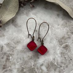 "Ruby Red Earrings, Red Dangle Earrings, Dainty Bohemian Aesthetic Jewelry, Long Drop Earrings, Red Glass Earrings, Fall Cottagecore Jewelry This Jewelry style is made with Antiqued Brass Plated wire and ear wires. Nickel free! The Vintage Style Antiqued Brass creates a lovely vintage style. This is a great size for everyday wear. Sparkly Glass really comes to life in the sun too! It is a little sun catcher! Handmade Art Glass Jewelry by Weathered Heather in Central NY! These kiln formed art gla Glass Aesthetic, Fall Cottagecore, Cottagecore Jewelry, Art Glass Jewelry, Bohemian Aesthetic, Aesthetic Jewelry, Hippie Earrings, Handmade Gifts For Her, Long Drop Earrings