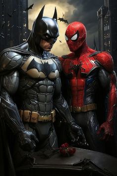 two superheros are standing next to each other