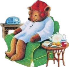 a brown teddy bear sitting on top of a green chair next to a table with a tea pot