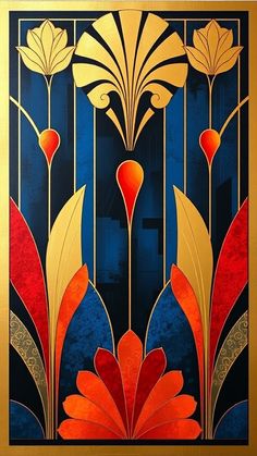 an art deco painting with red, yellow and blue flowers in gold foil on a black background