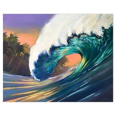 an oil painting of a large wave in the ocean with palm trees on either side