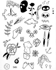 black and white drawing of various tattoos