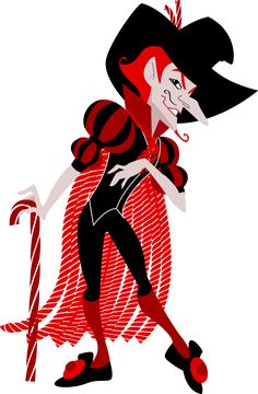 an illustration of a woman dressed in red and black with candy canes on her feet