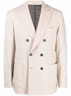 Beige silk-wool-cashmere blend double breasted blazer from BRUNELLO CUCINELLI featuring double-breasted button fastening, notched lapels, long sleeves, buttoned cuffs, chest welt pocket, two front patch pockets and English rear vents. | Brunello Cucinelli Double Breasted Blazer Blazer Beige, Silk Wool, Breasted Blazer, Double Breasted Blazer, Brunello Cucinelli, Double Breasted Suit Jacket, Blazer Jacket, Double Breasted, Fashion Branding