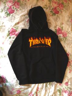 thrasher, flame logo, skate, hoodie, rose, magazine, streetwear, aesthetic, style, pretty Haha Photos, 90s Fits, Clothing Finds