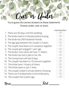 a wedding checklist with the words over or under