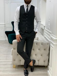 Mens Black Suit Jacket, Vest And Pants, Black Suit Men, Slim Fit Suit Men, Striped Suit, Pants Gift, Classic Style Outfits, Black Suit Jacket, Tailored Suit