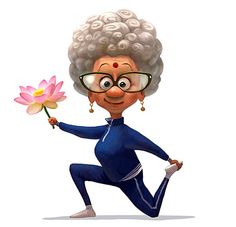 an old woman running with a flower in her hand while wearing glasses and a blue outfit