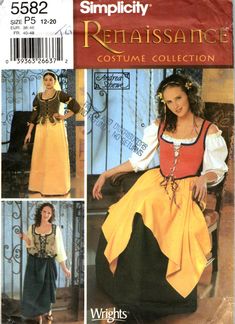 Renaissance dress / bar wench costume sewing pattern size 12 14 16 18 20 - women misses simplicity costume collection 5582 c 2003 full figure, curvy fit, plus sizing ✨peasant tops | blouse | poet shirt ✨vests ✨skirts ✨veil ✨bum roll ✨boning pattern is uncut with factory folds. Witch Outfits, Wench Costume, Fair Outfit, Costume Sewing, Dress Bar, Costume Sewing Patterns, Costume Patterns, Medieval Dress, Costume Collection