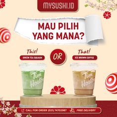 an advertisement with two cups of yogurt in front of cherry blossom trees and the words, mau pluh yang mana