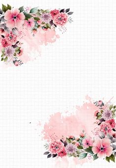 pink flowers and leaves are painted on a white background with watercolor paint in the corner