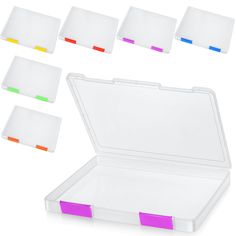 six plastic storage boxes with colored dividers on each side and four separate compartments in the middle